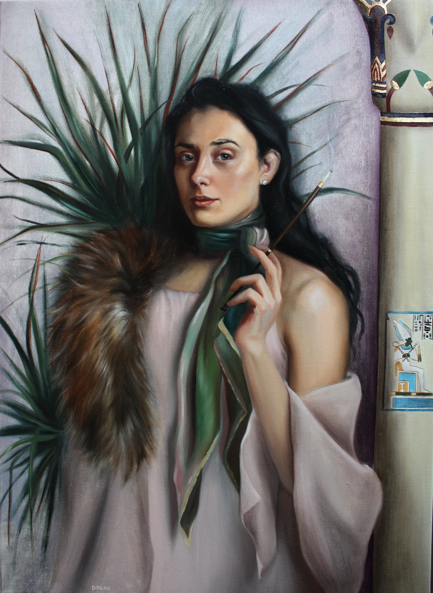 Oil painting of a white woman with black hair holding a long cigarette holder. She wears a silk scarf and fur collar and stands beside an Egyptian column decorated with golf leaf.