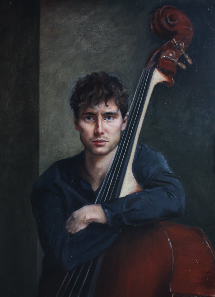 Oil painting of a young, white musician with brown tousled hair, staring at the viewer while resting his arms on a double bass.