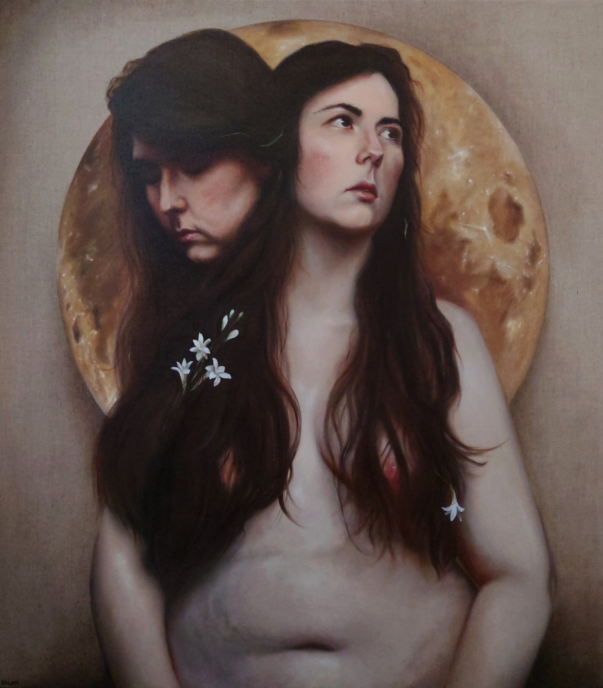 Oil painting of a two headed woman with long brown hair that is decorated with tuberose flowers. She is topless and her skin is glowing in the light of the full moon behind her.