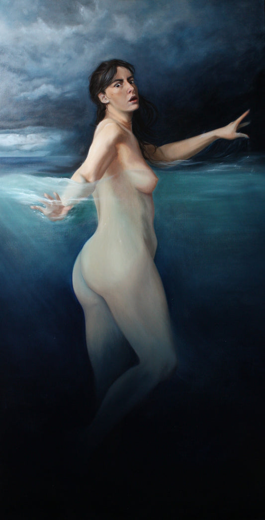 Oil painting of a terrified woman swimming away from the viewer in the ocean.