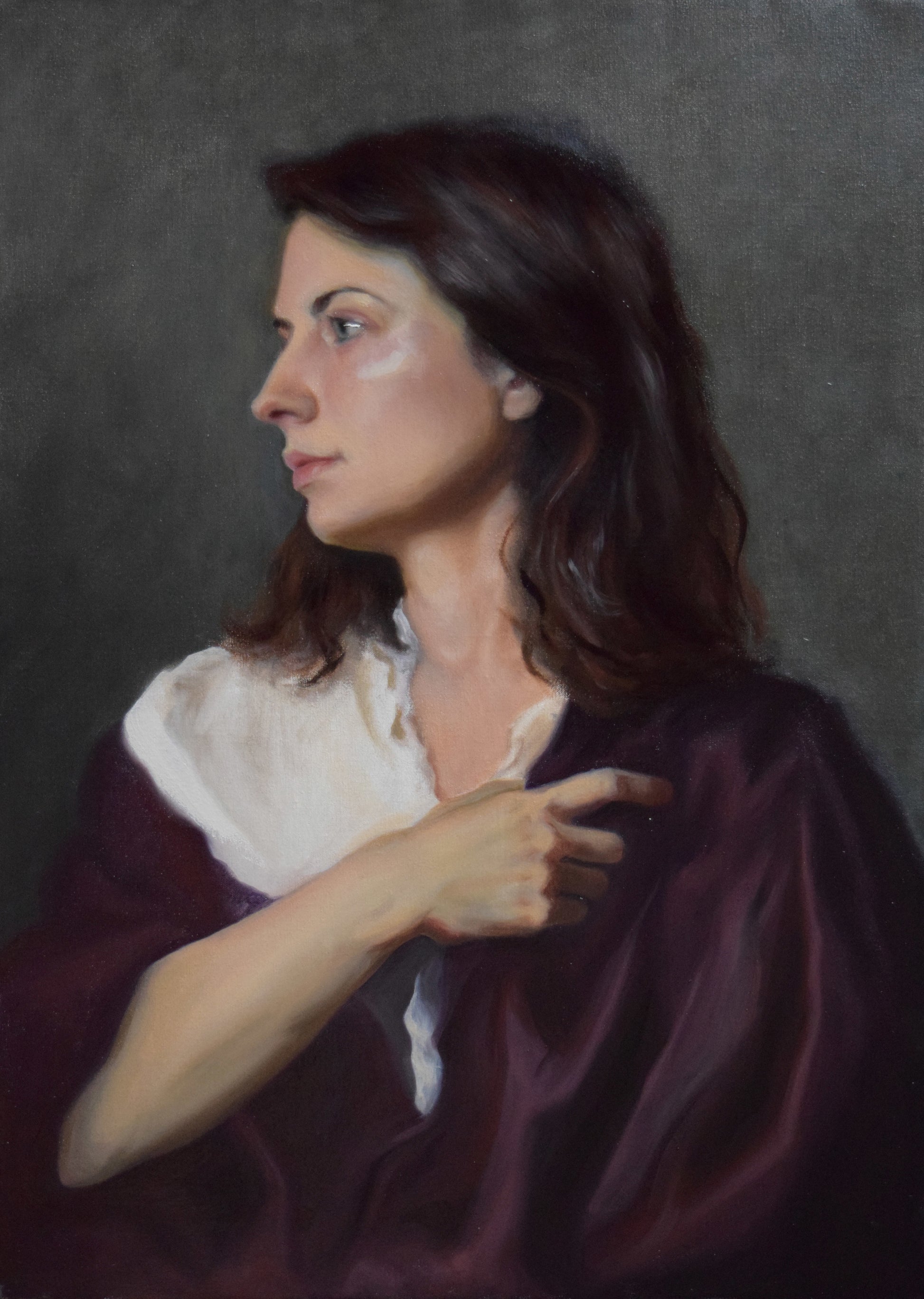Oil painting of a white woman with brown hair in profile. She is wearing a white shirt and purple shawl that she grips in her hand across her chest.