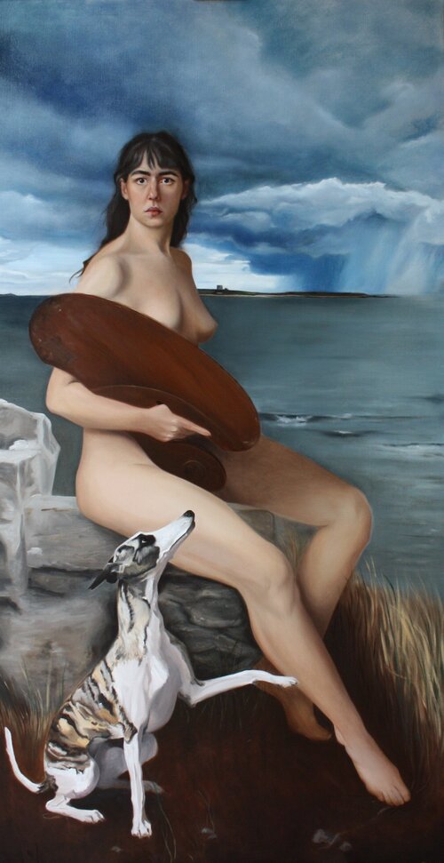 Oil painting of a naked white woman sitting on a stone wall with a stormy sea background. She carries an artists palette and a whippet dog is at her feet.