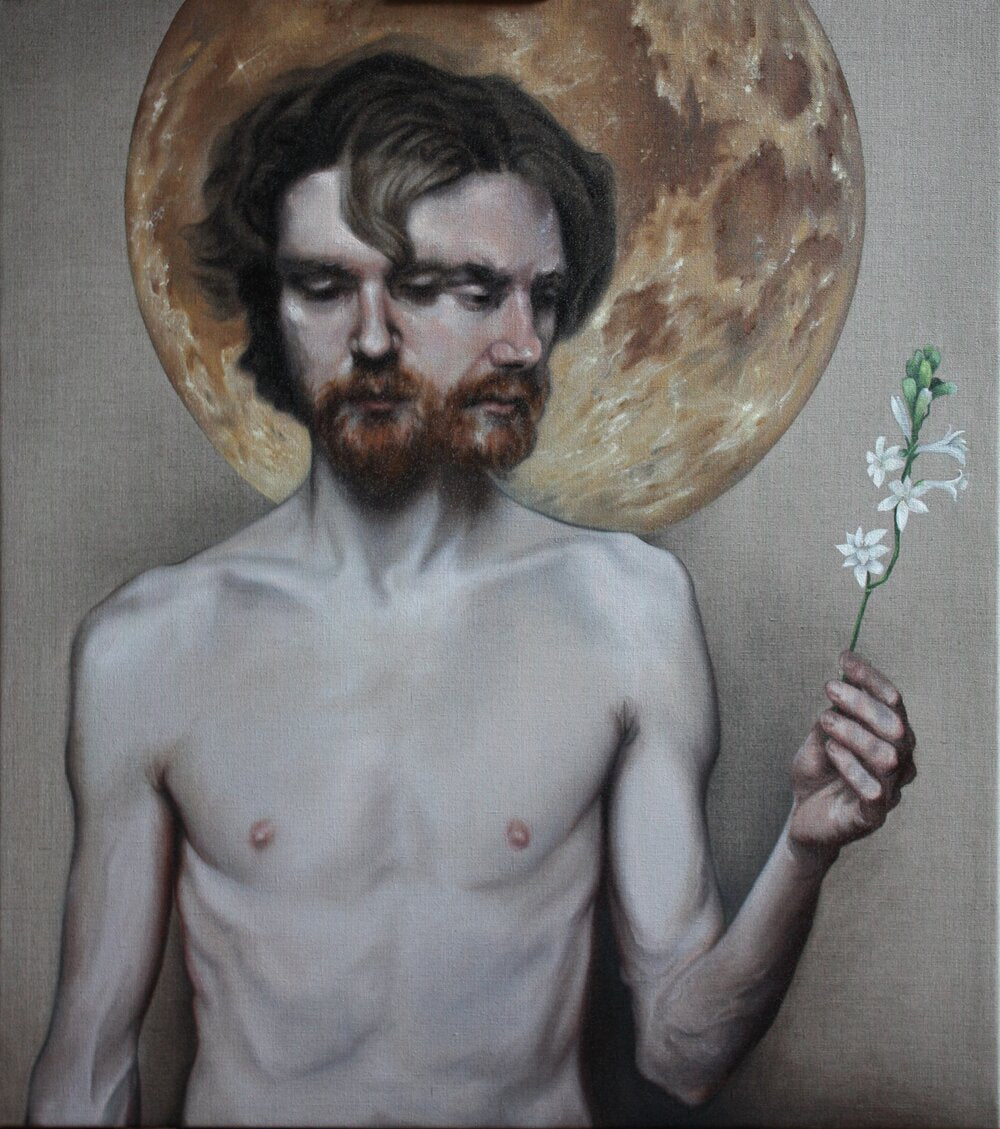 Oil painting of a white man with two faces, one looking down, the other staring at a tuberose flower. He is shirtless and his ale skin is glowing in the bright moonlight.