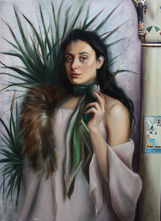Oil painting of a white woman with black hair holding a long cigarette holder. She wears a silk scarf and fur collar and stands beside an Egyptian column decorated with golf leaf. 